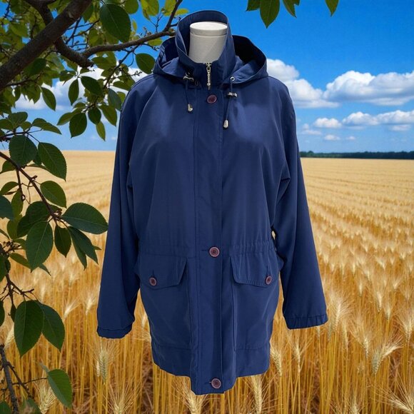 Oversized Navy Hooded Rain Jacket Aeros Kristen Blake Coastal Gorpcore Fall S - Picture 1 of 10